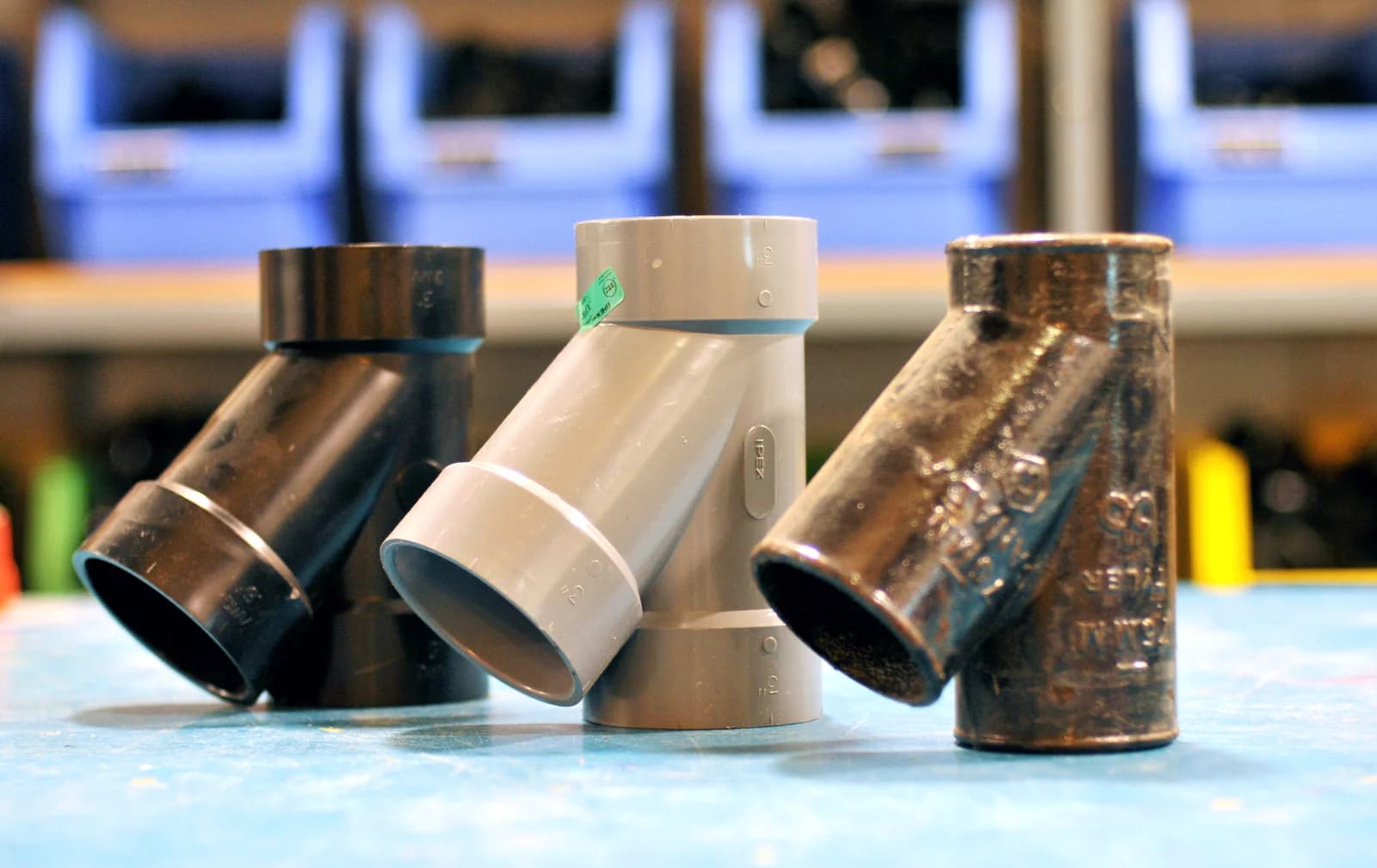 Close-up of black ABS drain-waste-vent fittings used in new-construction rough-in plumbing
