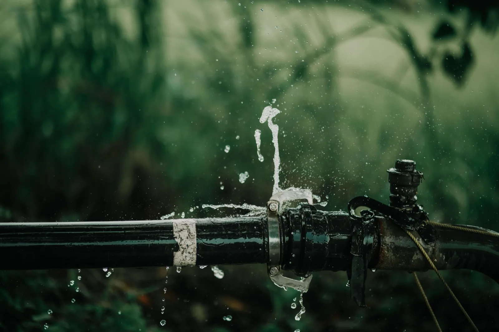 Water dripping from a leaking outdoor pipe joint