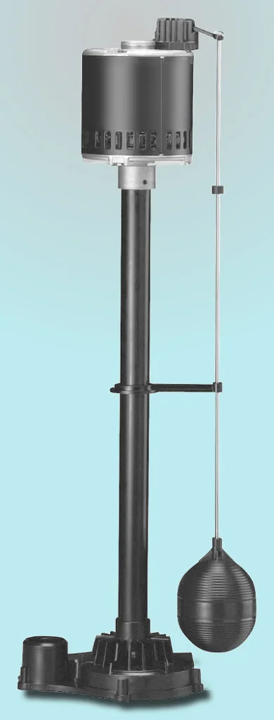 Pedestal-style sump pump with the motor mounted above the basin on a tall column