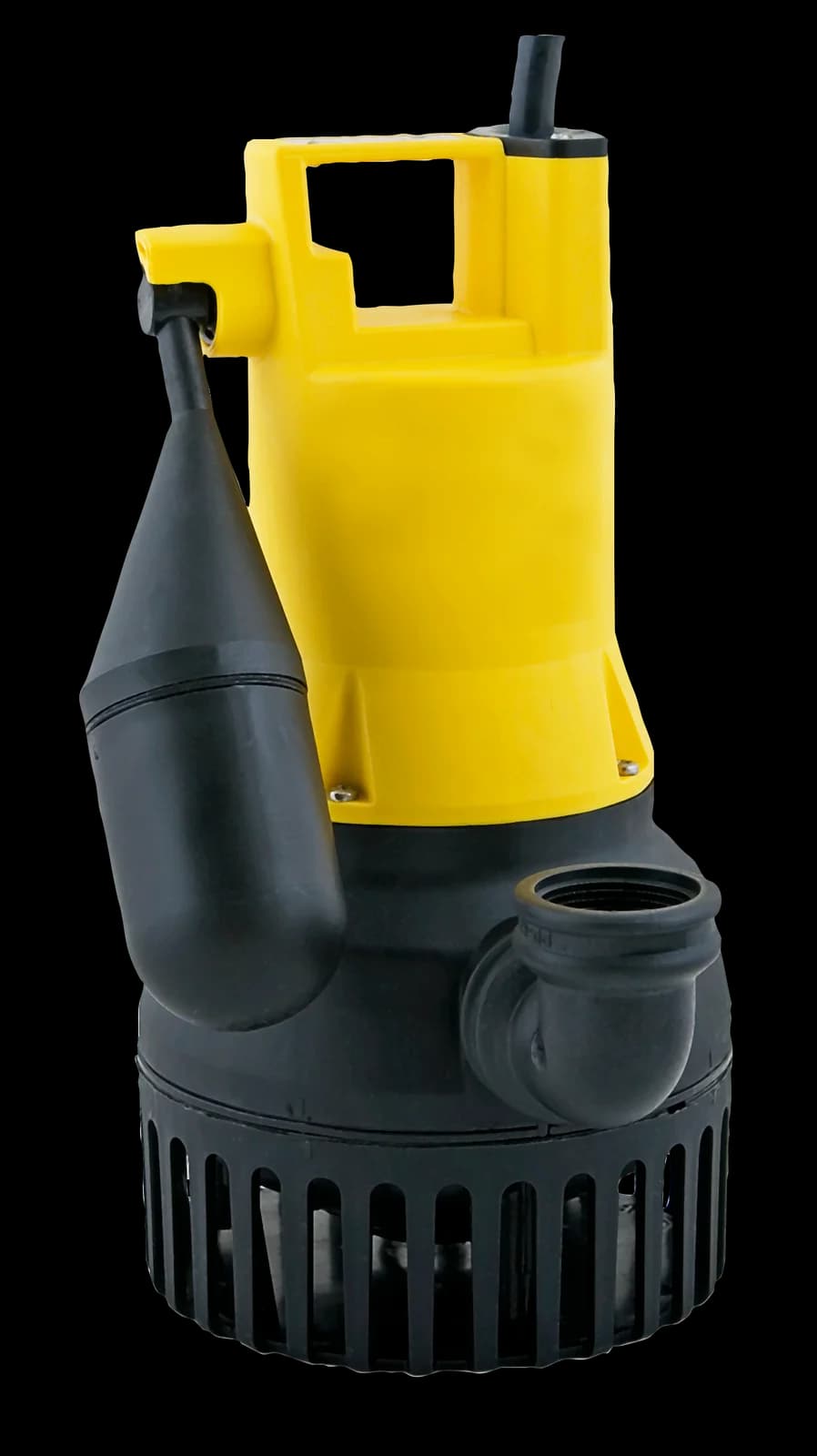 Yellow and black submersible sump pump unit with float switch and discharge outlet